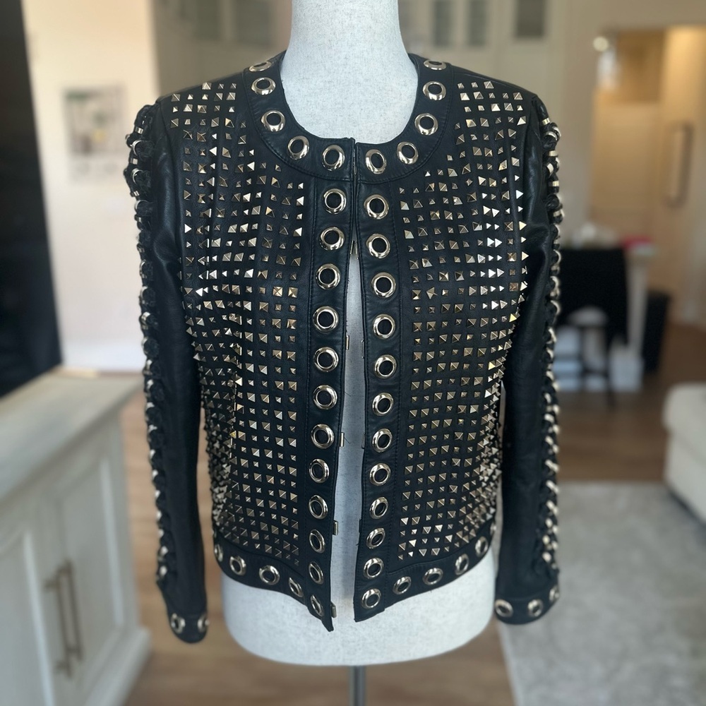 Alice + Olivia Black and Gold Leather Jacket - Picture 6 of 10